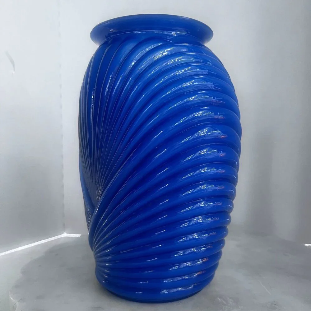 Vintage Glass Vase Blue Swirl Ribbed Decorative Art Deco Boho Contemporary‎ 10